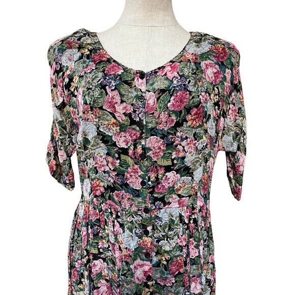 90s Vintage Floral Print Casual Day Dress Short Sleeve Fit + Flare Full Button - Picture 2 of 9
